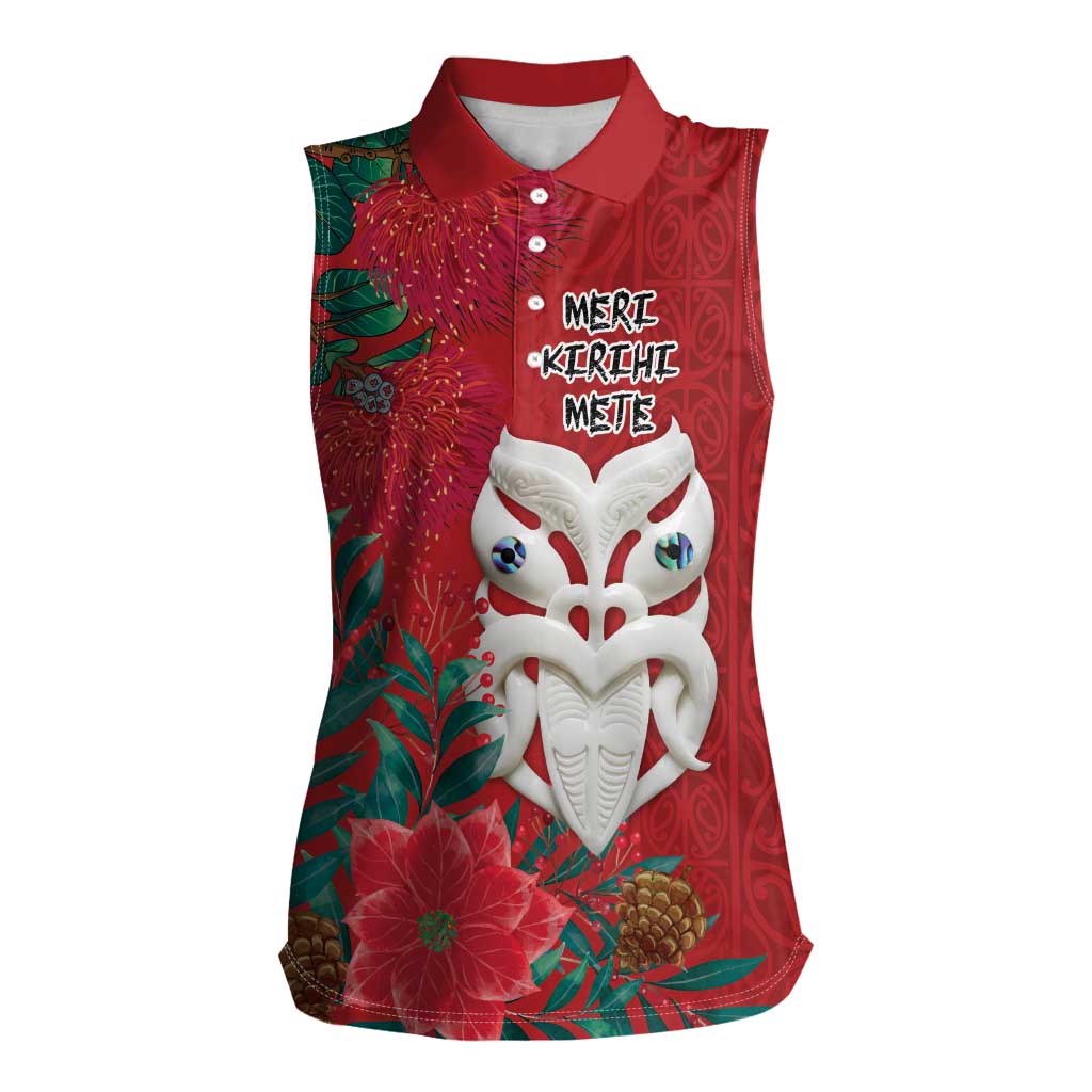 Maori Wheku Meri Kirihimete Personalised Women Sleeveless Polo Shirt All Red Indigenous Maori Motif - Polynesian Pride