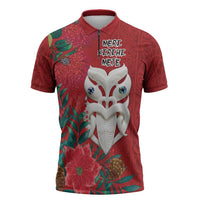 Maori Wheku Meri Kirihimete Personalised Zipper Polo Shirt All Red Indigenous Maori Motif - Polynesian Pride
