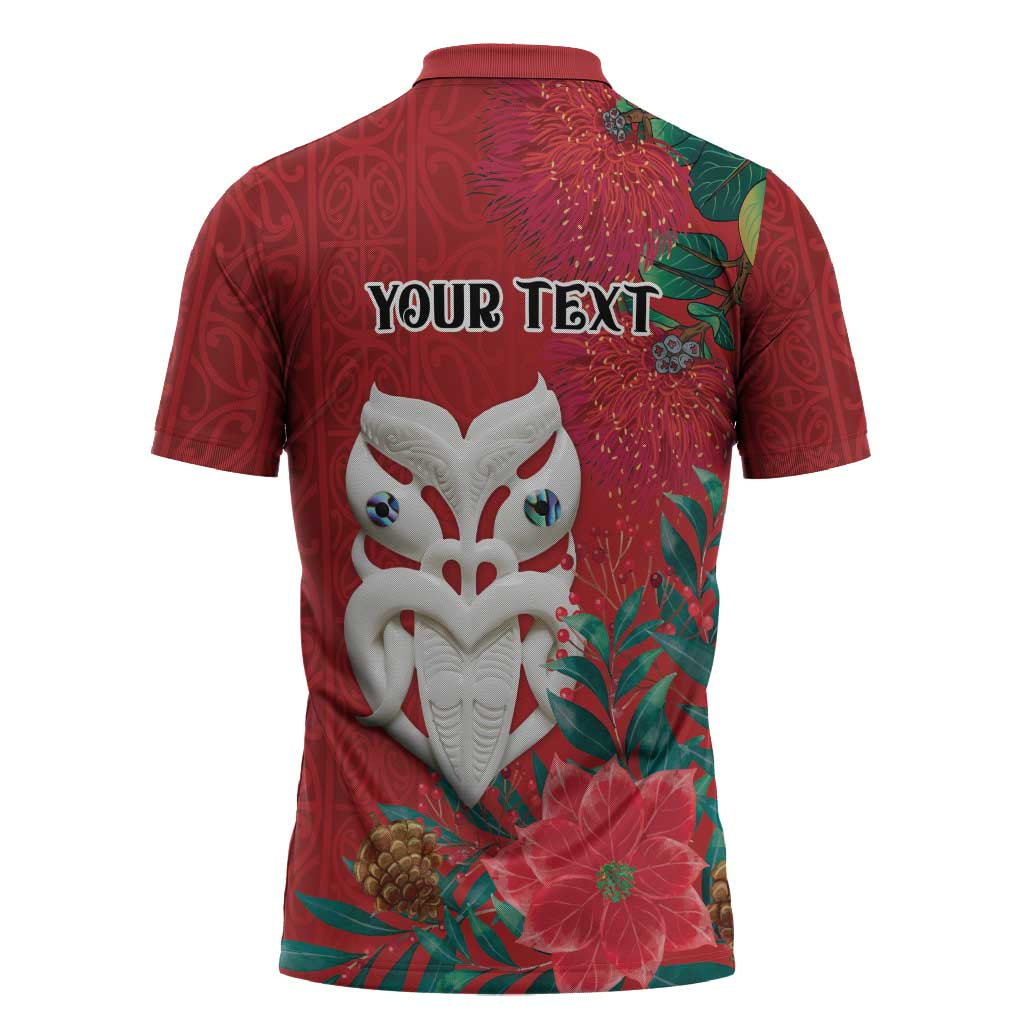 Maori Wheku Meri Kirihimete Personalised Zipper Polo Shirt All Red Indigenous Maori Motif - Polynesian Pride