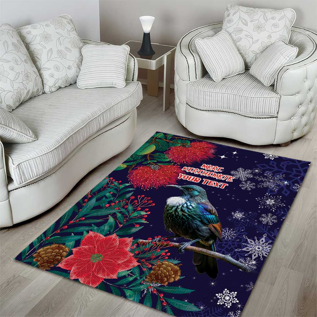 Tui Meri Kirihimete Personalised Area Rug Pohutukawa Flowers Blue Motif - Polynesian Pride