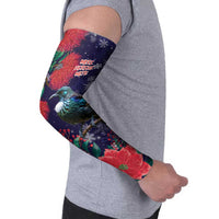 Tui Meri Kirihimete Personalised Arm Sleeves Pohutukawa Flowers Blue Motif - Polynesian Pride