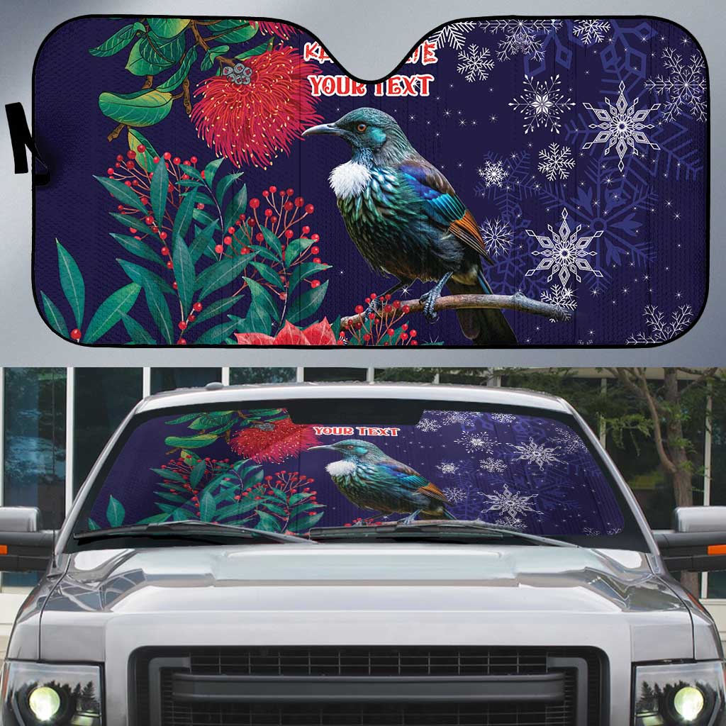 Tui Meri Kirihimete Personalised Auto Sun Shade Pohutukawa Flowers Blue Motif - Polynesian Pride