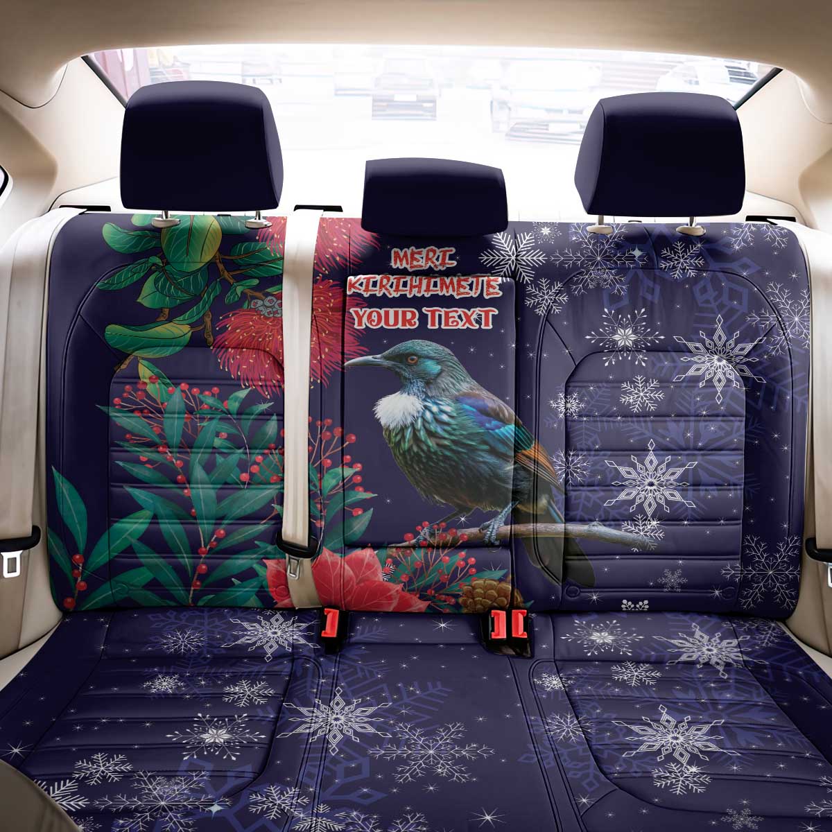 Tui Meri Kirihimete Personalised Back Car Seat Cover Pohutukawa Flowers Blue Motif - Polynesian Pride