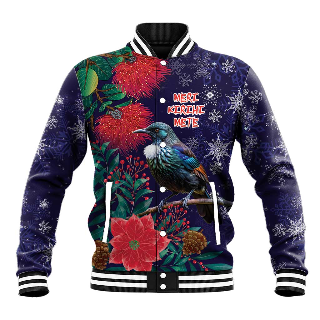 Tui Meri Kirihimete Personalised Baseball Jacket Pohutukawa Flowers Blue Motif LT9 Unisex Blue - Polynesian Pride