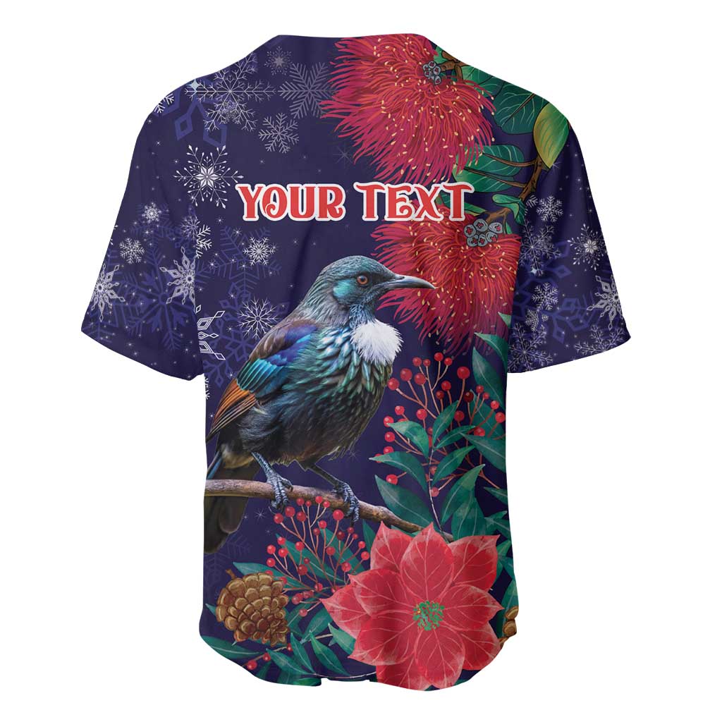 Tui Meri Kirihimete Personalised Baseball Jersey Pohutukawa Flowers Blue Motif - Polynesian Pride