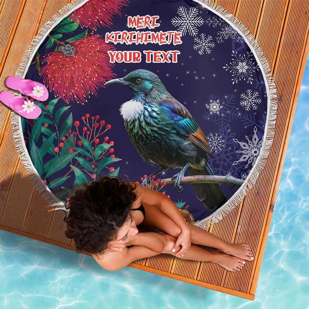 Tui Meri Kirihimete Personalised Beach Blanket Pohutukawa Flowers Blue Motif LT9 - Polynesian Pride
