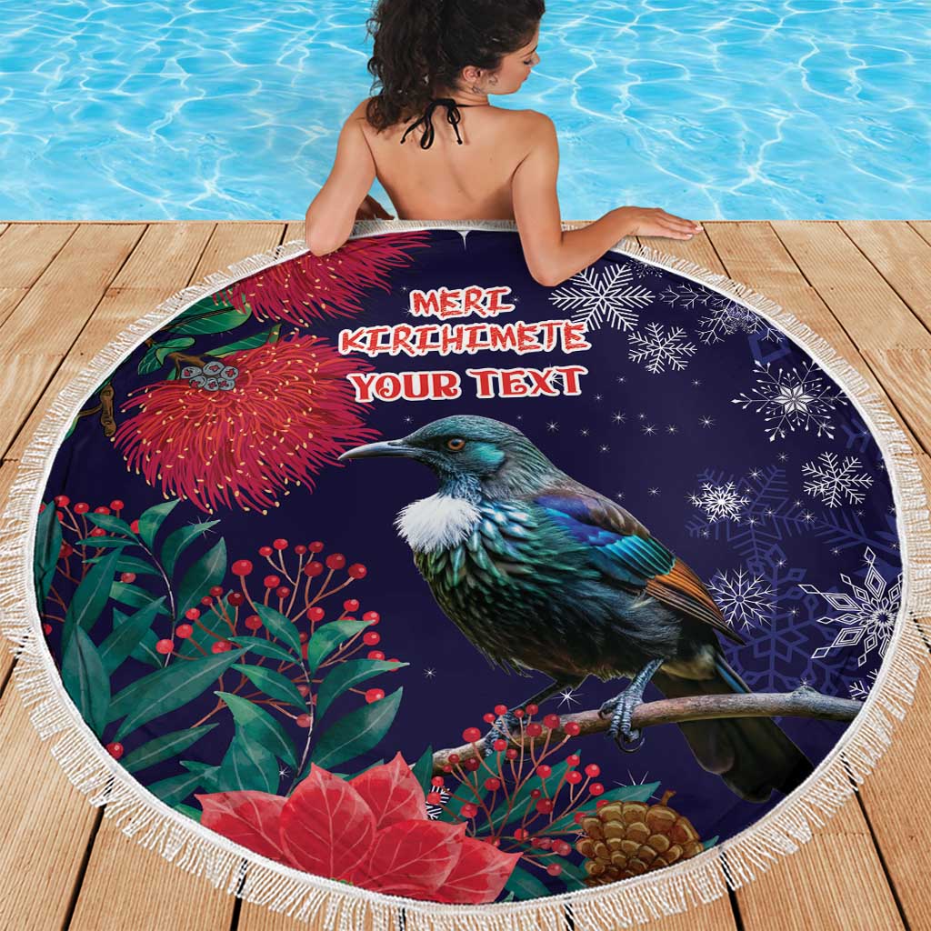 Tui Meri Kirihimete Personalised Beach Blanket Pohutukawa Flowers Blue Motif LT9 - Polynesian Pride