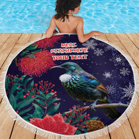 Tui Meri Kirihimete Personalised Beach Blanket Pohutukawa Flowers Blue Motif LT9 - Polynesian Pride