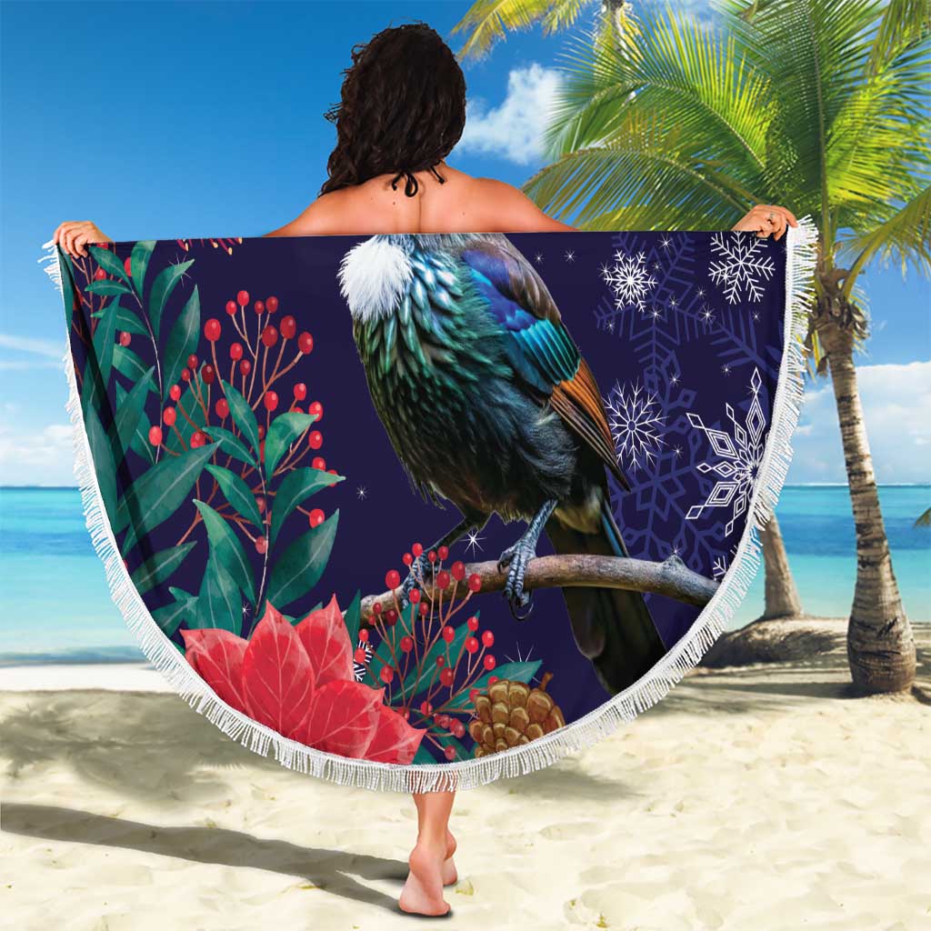 Tui Meri Kirihimete Personalised Beach Blanket Pohutukawa Flowers Blue Motif LT9 - Polynesian Pride