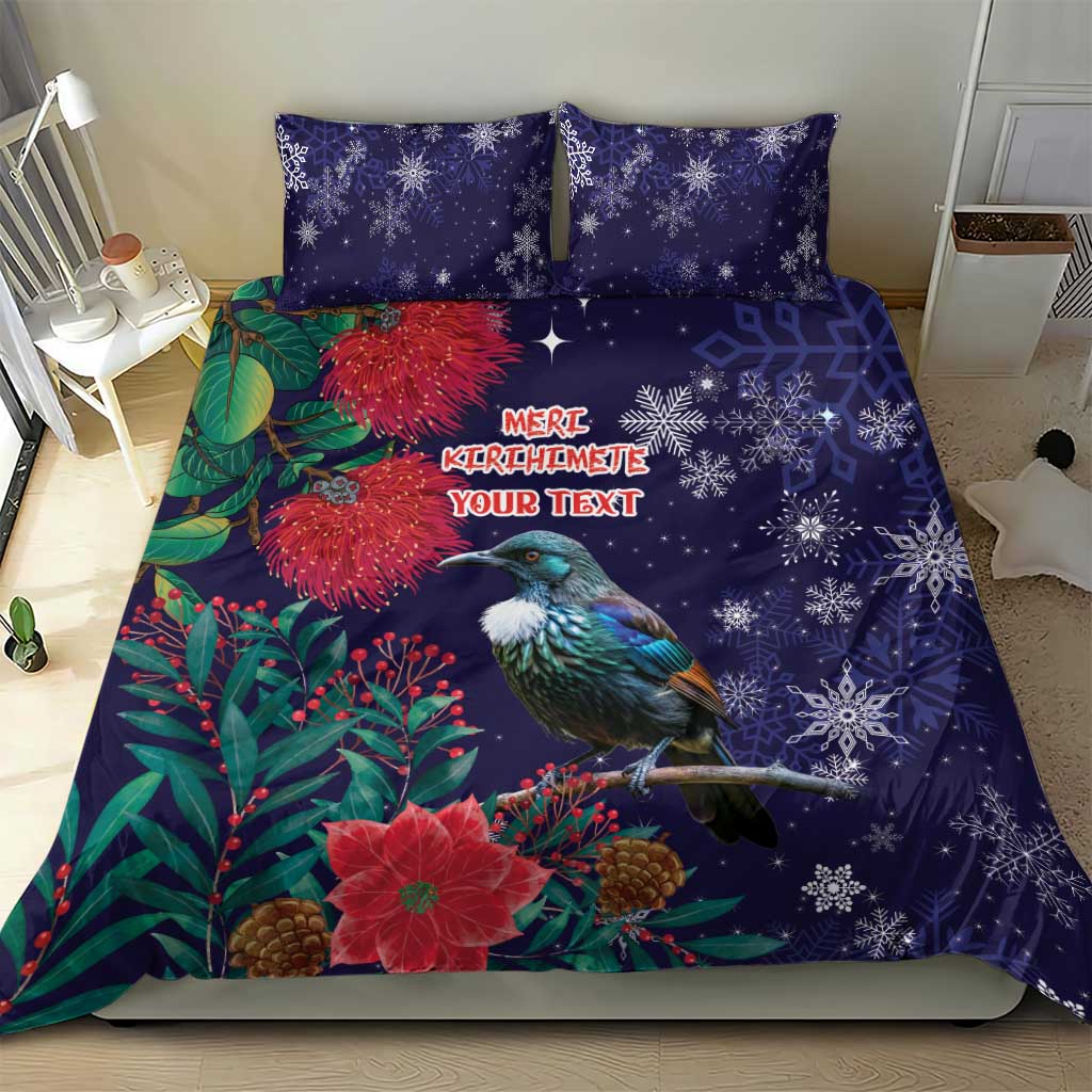 Tui Meri Kirihimete Personalised Bedding Set Pohutukawa Flowers Blue Motif - Polynesian Pride