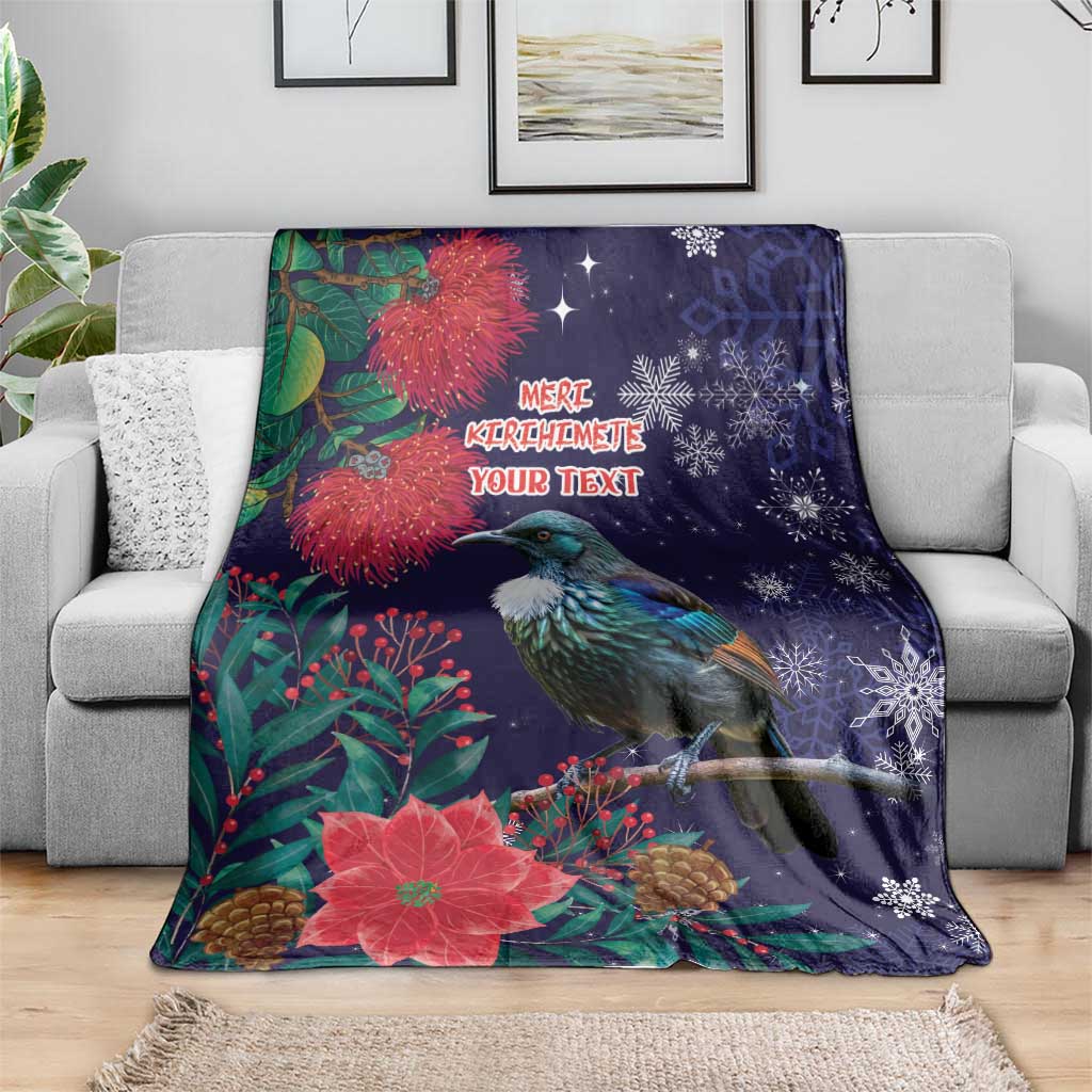 Tui Meri Kirihimete Personalised Blanket Pohutukawa Flowers Blue Motif - Polynesian Pride