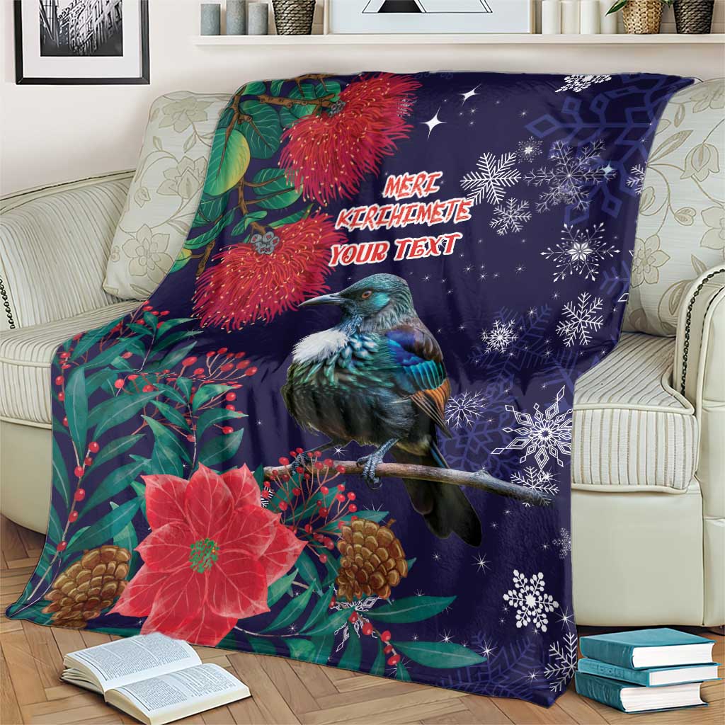 Tui Meri Kirihimete Personalised Blanket Pohutukawa Flowers Blue Motif - Polynesian Pride