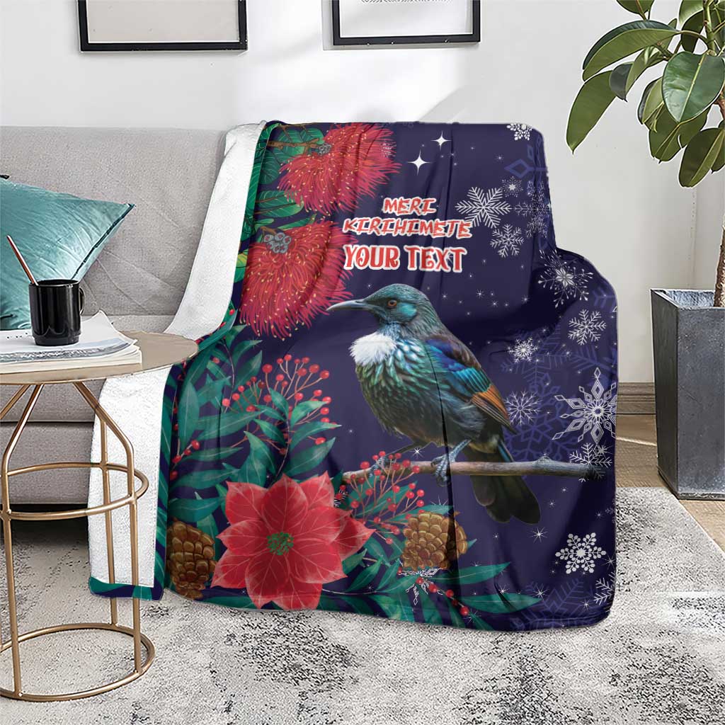 Tui Meri Kirihimete Personalised Blanket Pohutukawa Flowers Blue Motif - Polynesian Pride