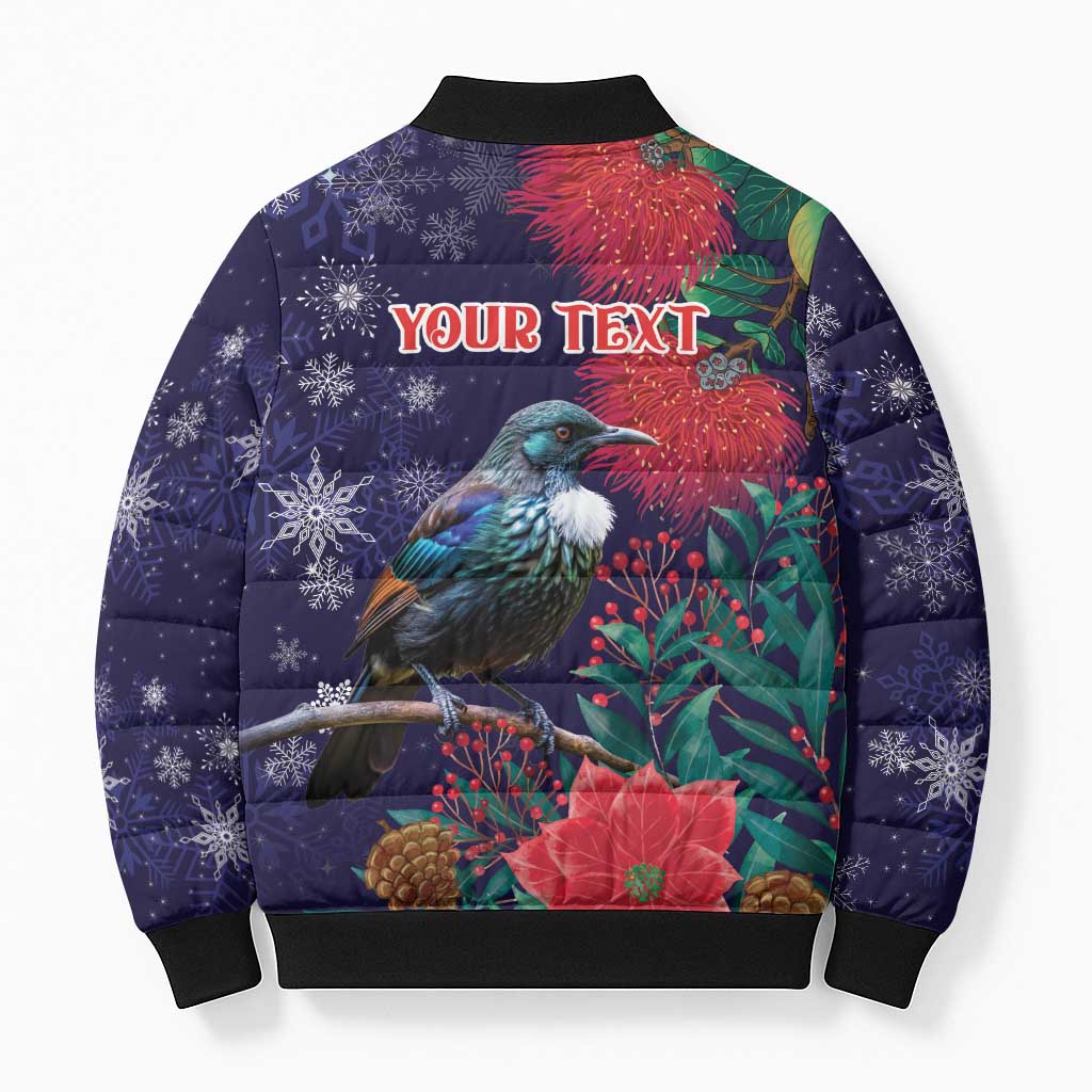 Tui Meri Kirihimete Personalised Bomber Puffer Jacket Pohutukawa Flowers Blue Motif LT9 - Polynesian Pride