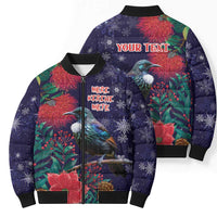 Tui Meri Kirihimete Personalised Bomber Puffer Jacket Pohutukawa Flowers Blue Motif LT9 - Polynesian Pride