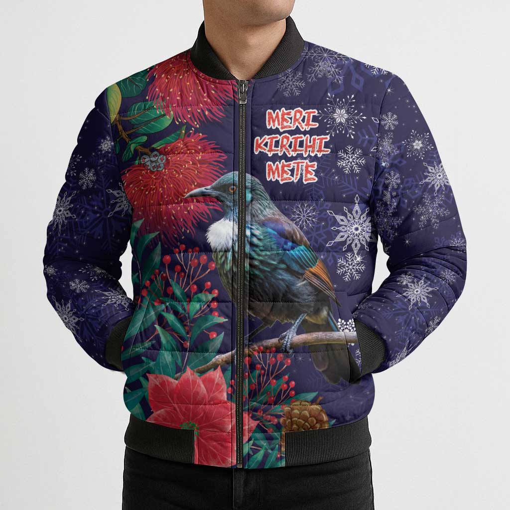 Tui Meri Kirihimete Personalised Bomber Puffer Jacket Pohutukawa Flowers Blue Motif LT9 - Polynesian Pride