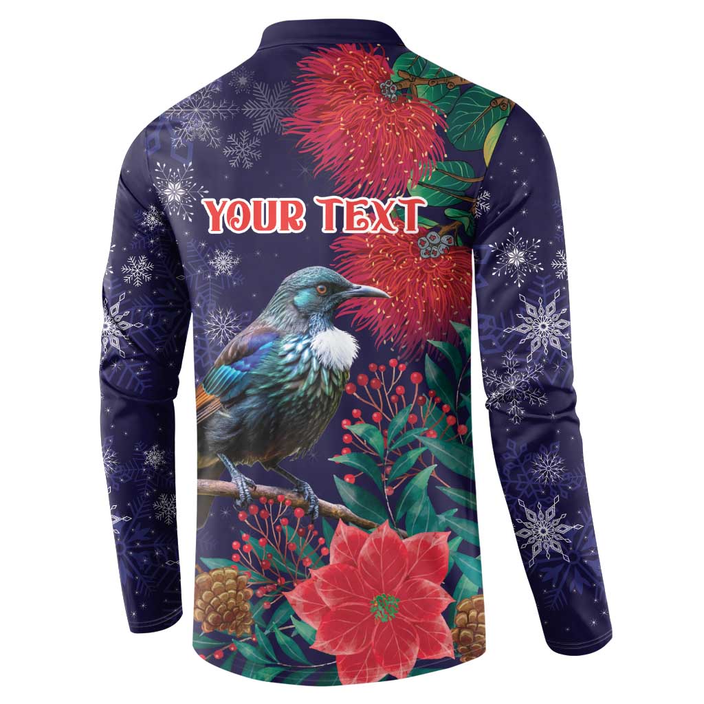 Tui Meri Kirihimete Personalised Button Sweatshirt Pohutukawa Flowers Blue Motif LT9 - Polynesian Pride