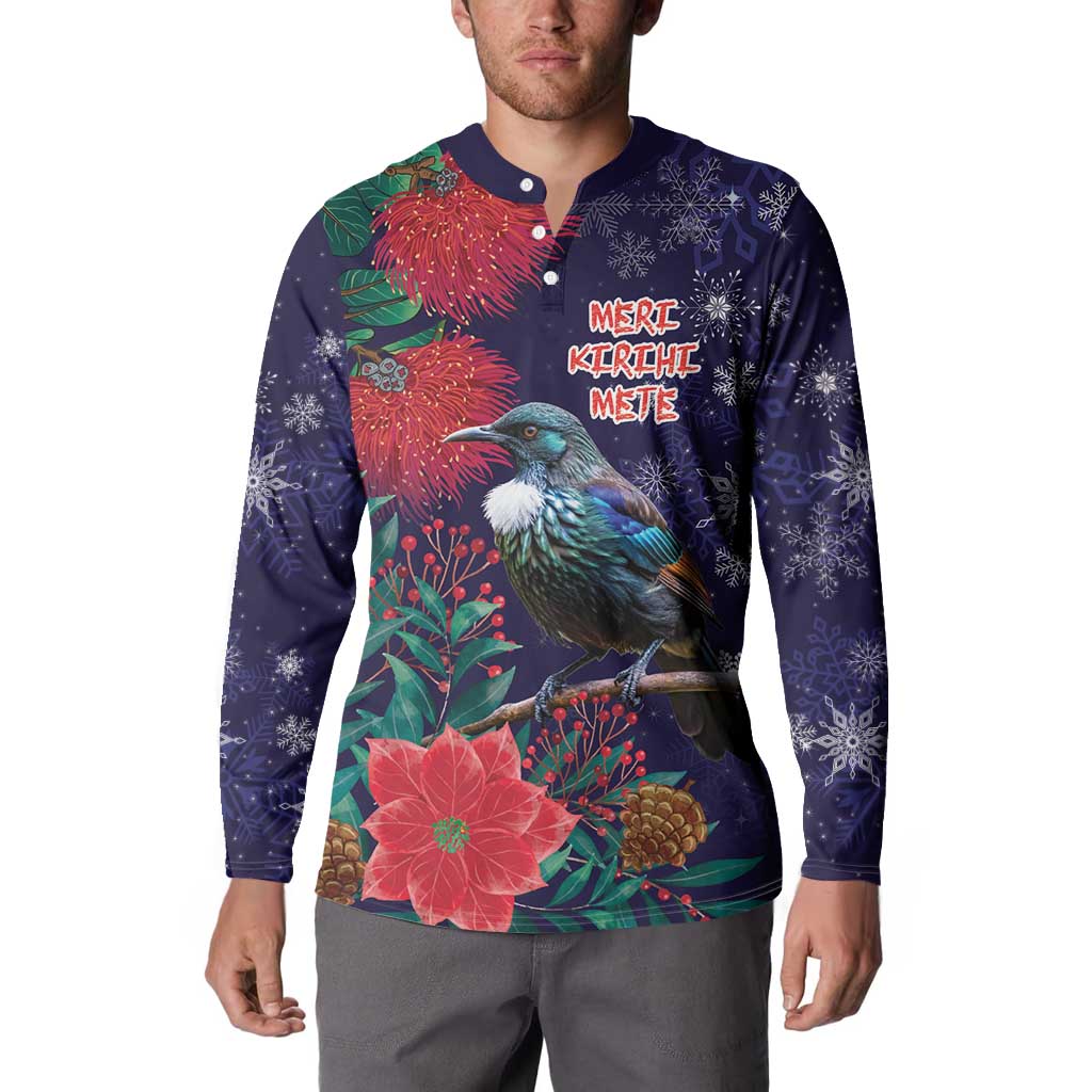 Tui Meri Kirihimete Personalised Button Sweatshirt Pohutukawa Flowers Blue Motif LT9 - Polynesian Pride
