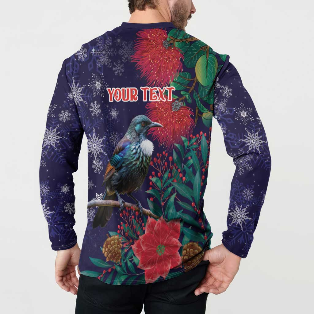 Tui Meri Kirihimete Personalised Button Sweatshirt Pohutukawa Flowers Blue Motif LT9 - Polynesian Pride