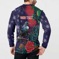 Tui Meri Kirihimete Personalised Button Sweatshirt Pohutukawa Flowers Blue Motif LT9 - Polynesian Pride