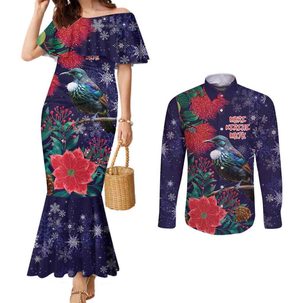 Tui Meri Kirihimete Personalised Couples Matching Mermaid Dress and Long Sleeve Button Shirt Pohutukawa Flowers Blue Motif LT9 Blue - Polynesian Pride