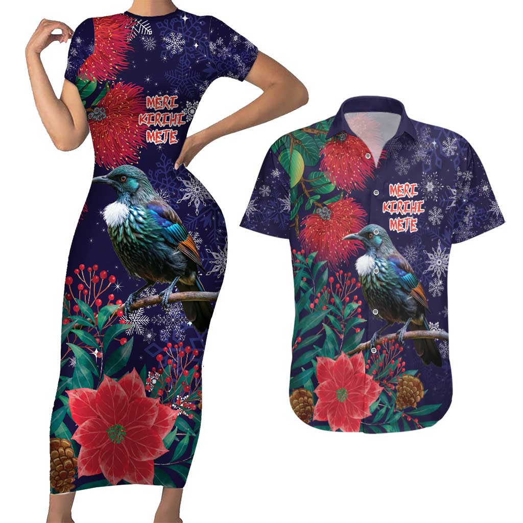 Tui Meri Kirihimete Personalised Couples Matching Short Sleeve Bodycon Dress and Hawaiian Shirt Pohutukawa Flowers Blue Motif LT9 Blue - Polynesian Pride