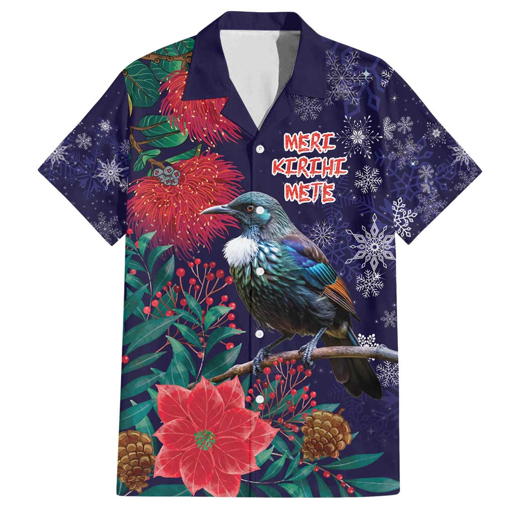 Tui Meri Kirihimete Personalised Family Matching Long Sleeve Bodycon Dress and Hawaiian Shirt Pohutukawa Flowers Blue Motif - Polynesian Pride