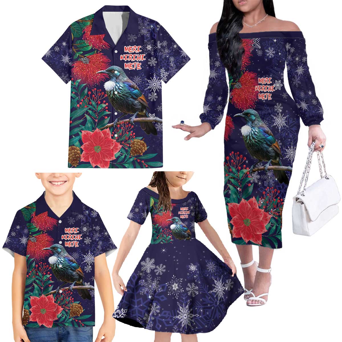 Tui Meri Kirihimete Personalised Family Matching Off The Shoulder Long Sleeve Dress and Hawaiian Shirt Pohutukawa Flowers Blue Motif LT9 - Polynesian Pride