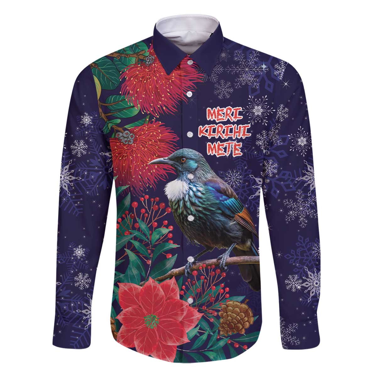 Tui Meri Kirihimete Personalised Family Matching Off The Shoulder Long Sleeve Dress and Hawaiian Shirt Pohutukawa Flowers Blue Motif - Polynesian Pride