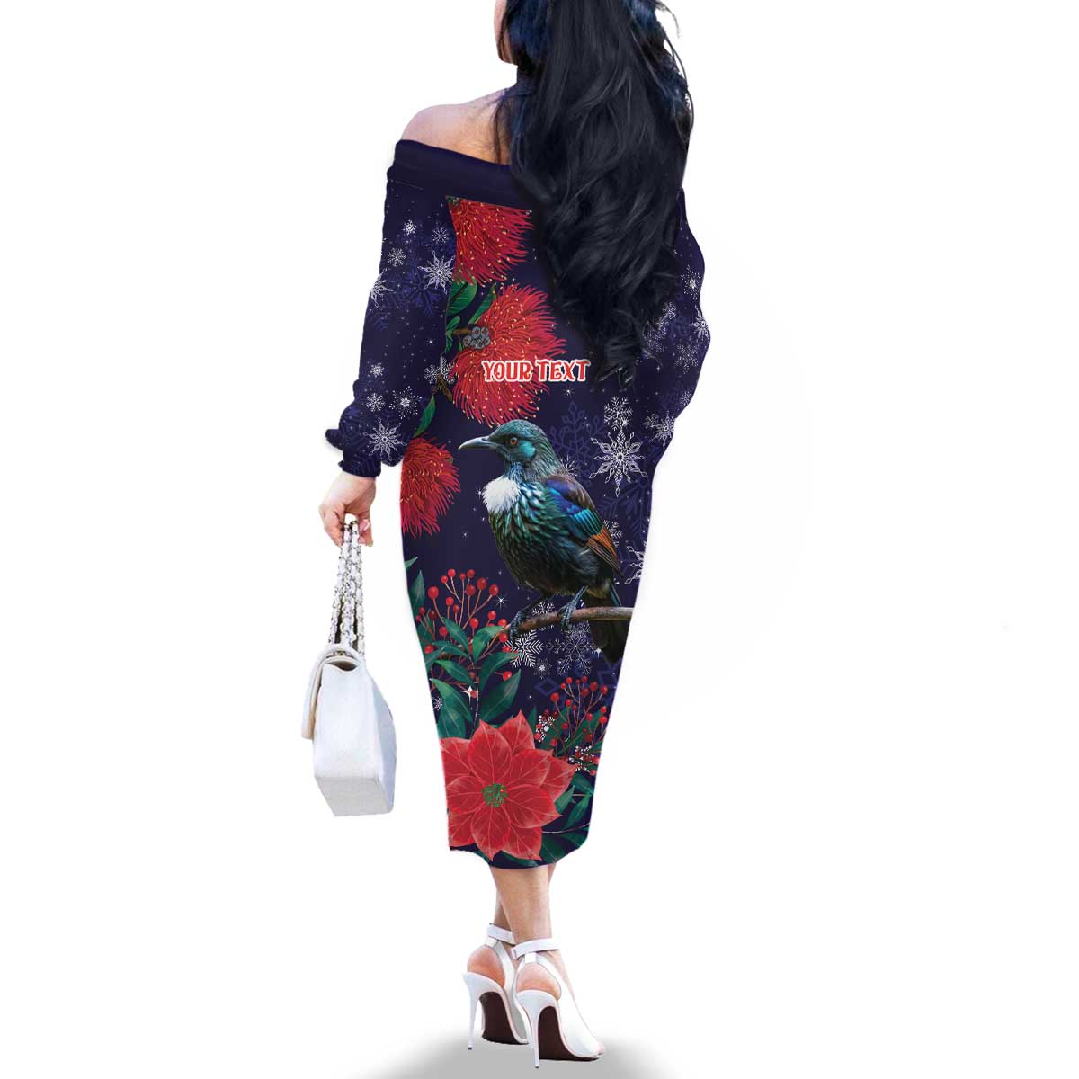 Tui Meri Kirihimete Personalised Family Matching Off The Shoulder Long Sleeve Dress and Hawaiian Shirt Pohutukawa Flowers Blue Motif - Polynesian Pride