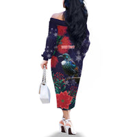 Tui Meri Kirihimete Personalised Family Matching Off The Shoulder Long Sleeve Dress and Hawaiian Shirt Pohutukawa Flowers Blue Motif - Polynesian Pride