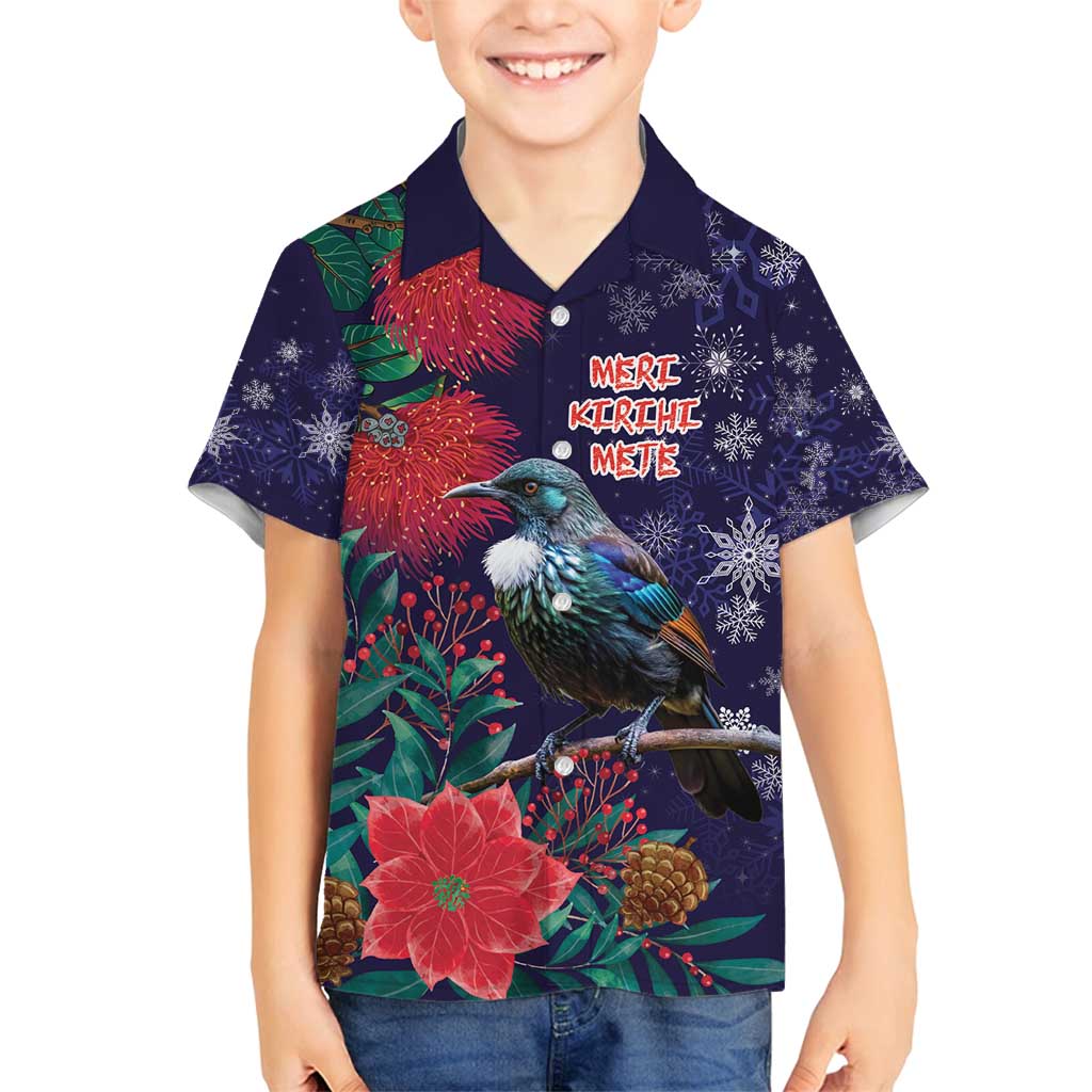 Tui Meri Kirihimete Personalised Family Matching Puletasi and Hawaiian Shirt Pohutukawa Flowers Blue Motif - Polynesian Pride