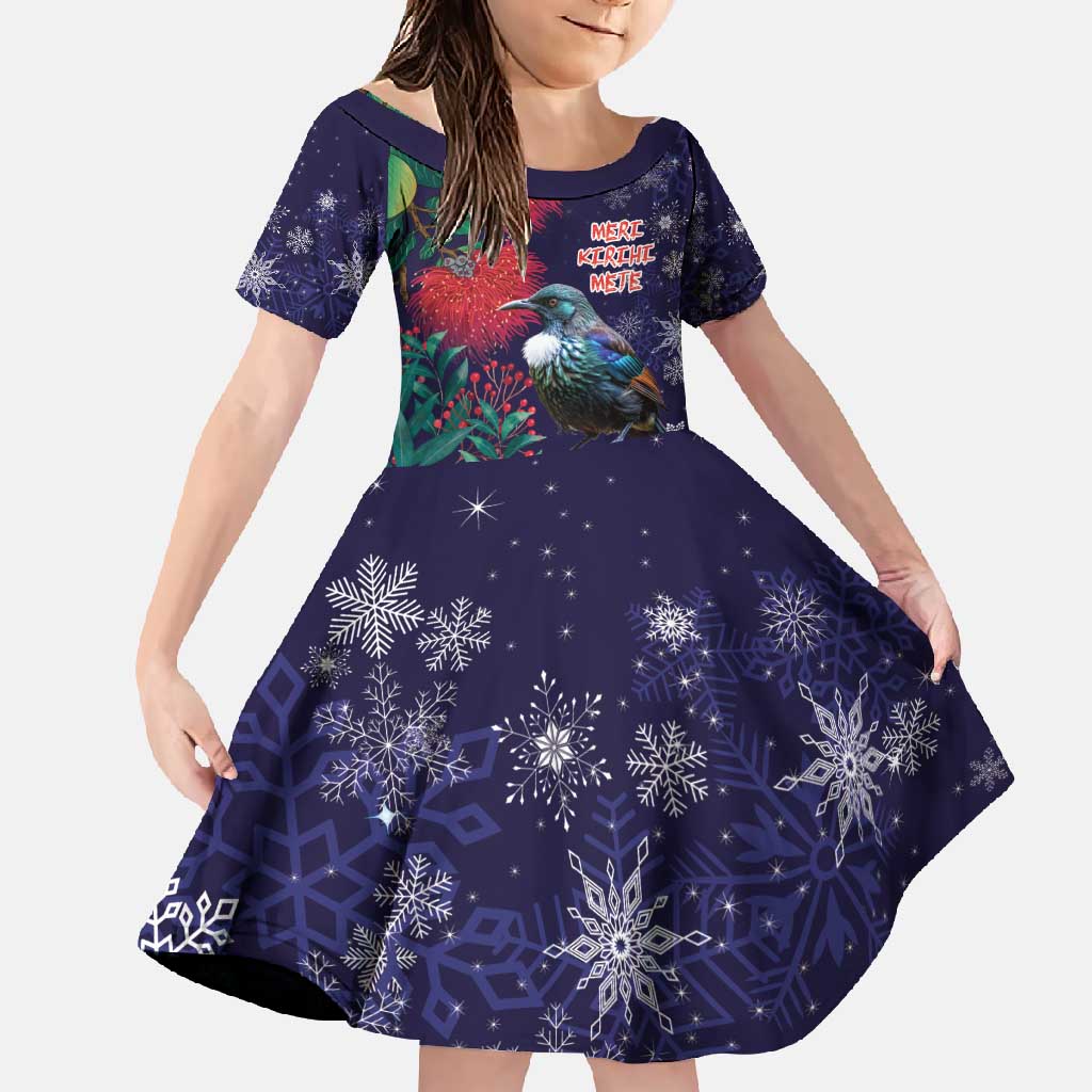 Tui Meri Kirihimete Personalised Family Matching Short Sleeve Bodycon Dress and Hawaiian Shirt Pohutukawa Flowers Blue Motif - Polynesian Pride