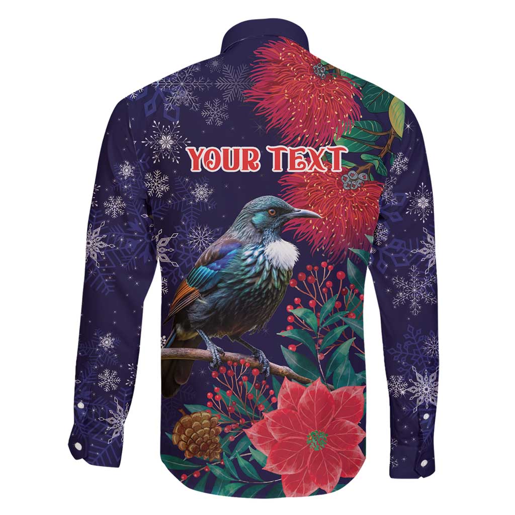 Tui Meri Kirihimete Personalised Family Matching Short Sleeve Bodycon Dress and Hawaiian Shirt Pohutukawa Flowers Blue Motif - Polynesian Pride