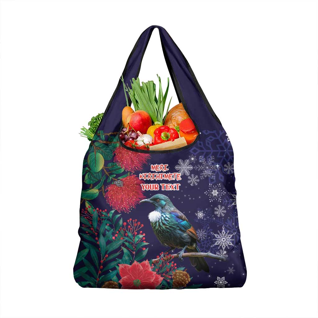 Tui Meri Kirihimete Personalised Grocery Bag Pohutukawa Flowers Blue Motif - Polynesian Pride