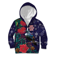 Tui Meri Kirihimete Personalised Kid Hoodie Pohutukawa Flowers Blue Motif - Polynesian Pride