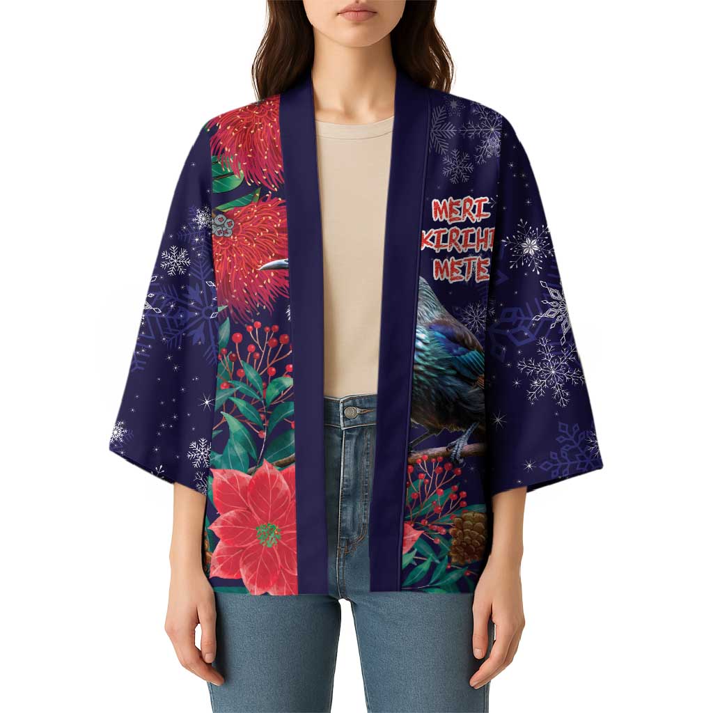 Tui Meri Kirihimete Personalised Kimono Pohutukawa Flowers Blue Motif - Polynesian Pride