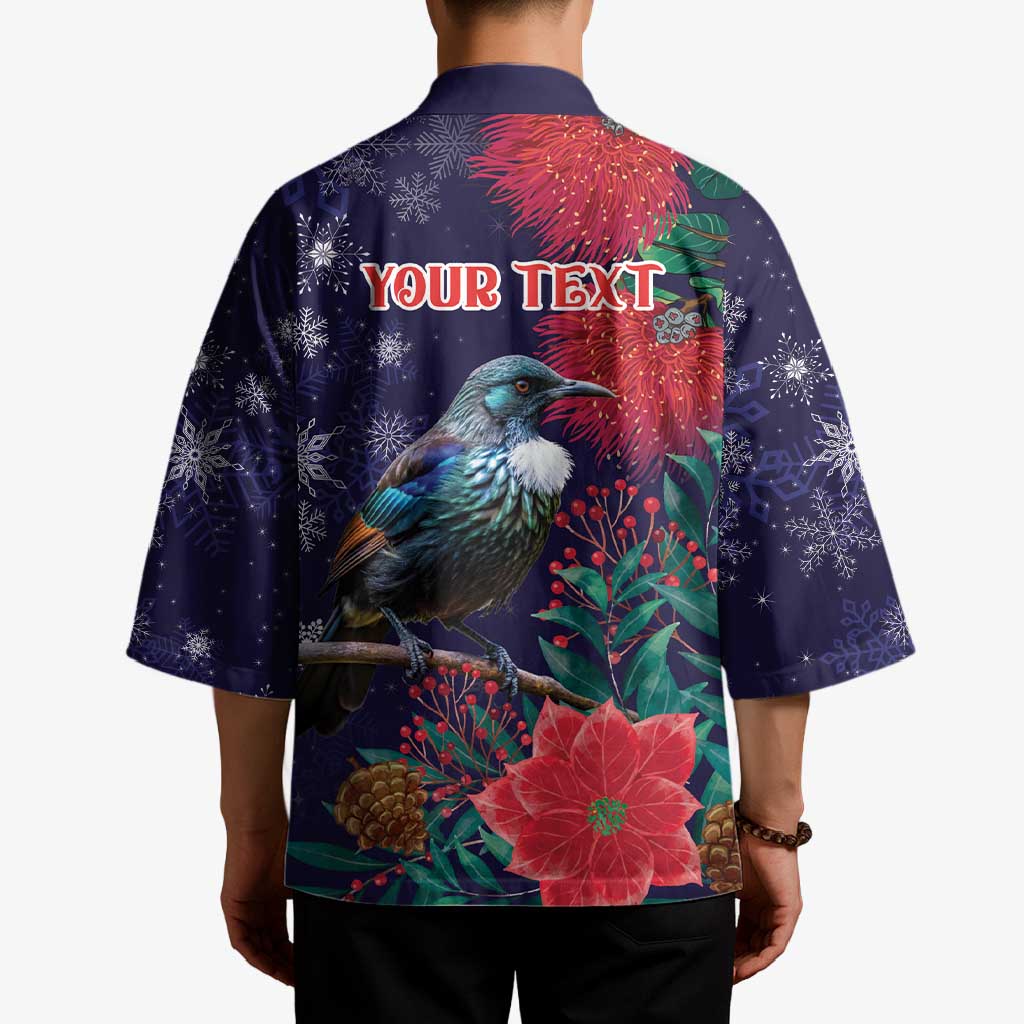 Tui Meri Kirihimete Personalised Kimono Pohutukawa Flowers Blue Motif - Polynesian Pride