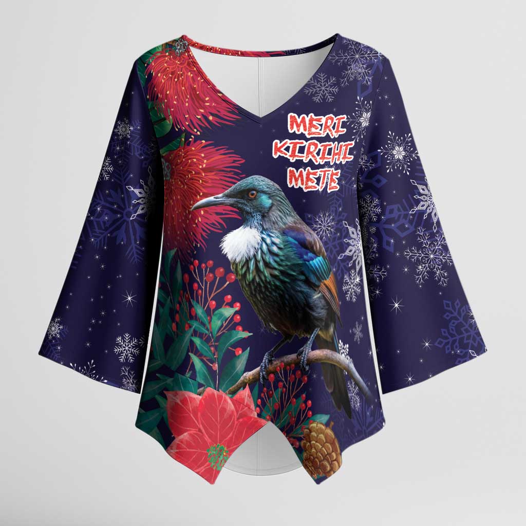 Tui Meri Kirihimete Personalised Kimono Sleeve Blouse Pohutukawa Flowers Blue Motif LT9 Female Blue - Polynesian Pride