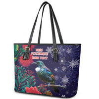 Tui Meri Kirihimete Personalised Leather Tote Bag Pohutukawa Flowers Blue Motif - Polynesian Pride