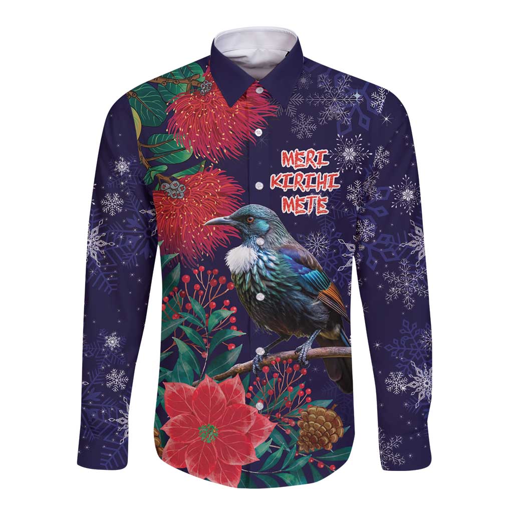 Tui Meri Kirihimete Personalised Long Sleeve Button Shirt Pohutukawa Flowers Blue Motif LT9 Unisex Blue - Polynesian Pride