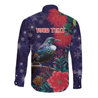Tui Meri Kirihimete Personalised Long Sleeve Button Shirt Pohutukawa Flowers Blue Motif LT9 - Polynesian Pride