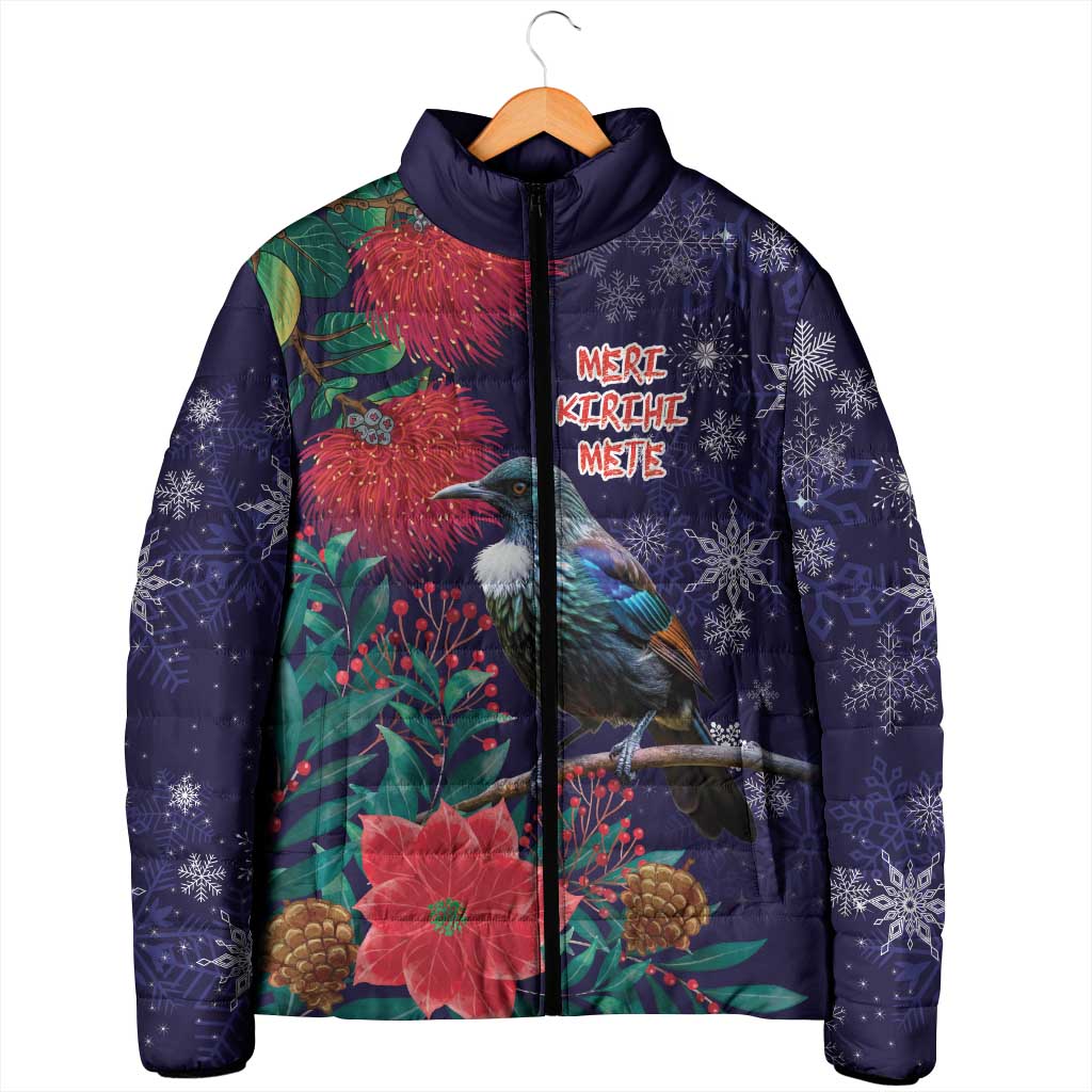 Tui Meri Kirihimete Personalised Padded Jacket Pohutukawa Flowers Blue Motif LT9 - Polynesian Pride