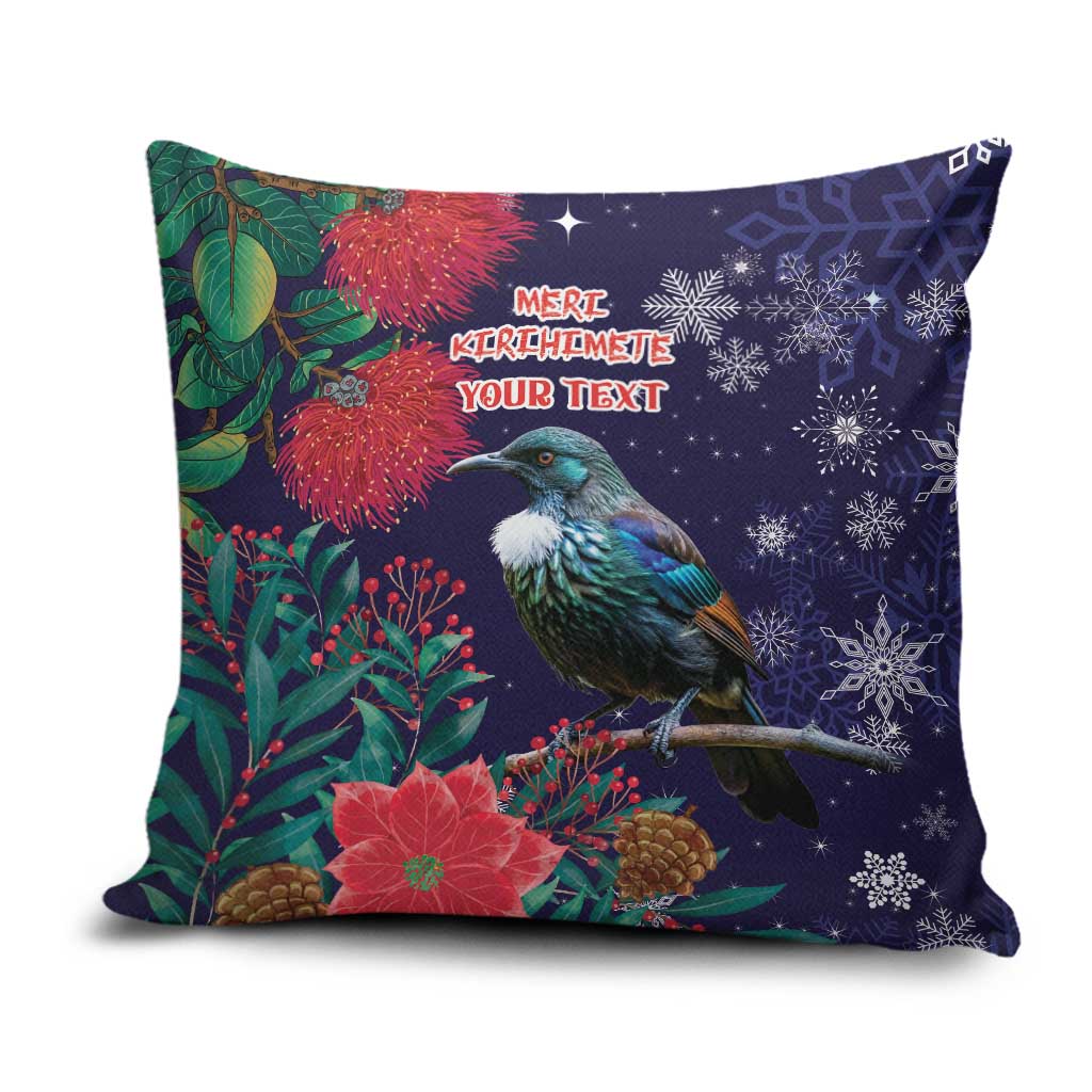 Tui Meri Kirihimete Personalised Pillow Cover Pohutukawa Flowers Blue Motif - Polynesian Pride