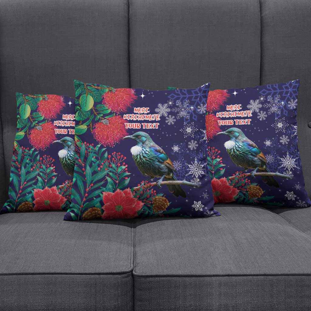 Tui Meri Kirihimete Personalised Pillow Cover Pohutukawa Flowers Blue Motif - Polynesian Pride