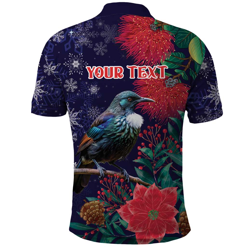 Tui Meri Kirihimete Personalised Polo Shirt Pohutukawa Flowers Blue Motif - Polynesian Pride