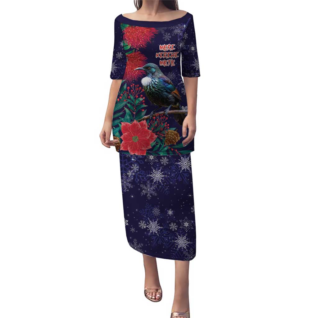 Tui Meri Kirihimete Personalised Puletasi Pohutukawa Flowers Blue Motif LT9 Long Dress Blue - Polynesian Pride