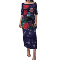 Tui Meri Kirihimete Personalised Puletasi Pohutukawa Flowers Blue Motif LT9 Long Dress Blue - Polynesian Pride