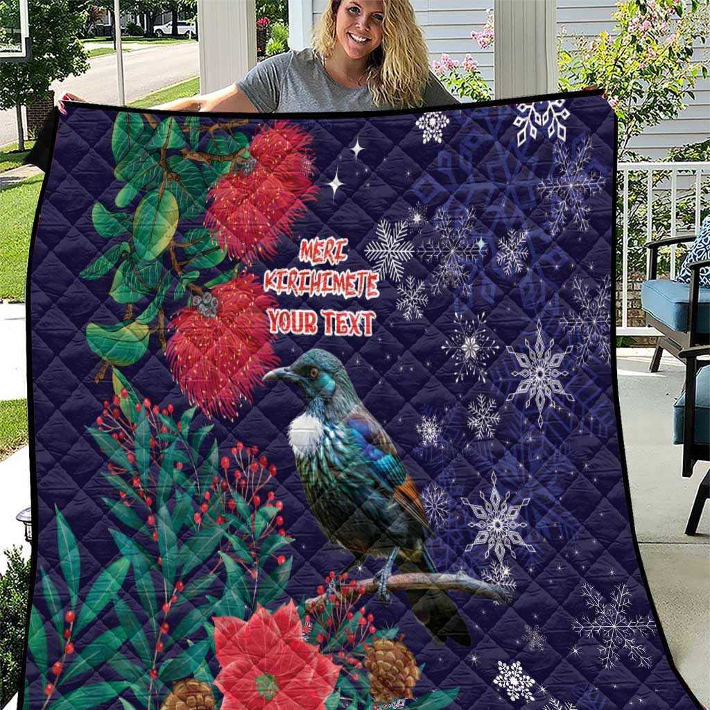 Tui Meri Kirihimete Personalised Quilt Pohutukawa Flowers Blue Motif - Polynesian Pride