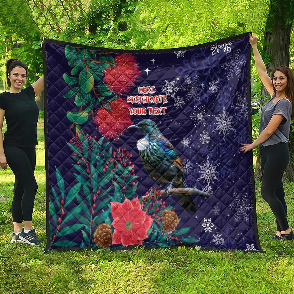 Tui Meri Kirihimete Personalised Quilt Pohutukawa Flowers Blue Motif - Polynesian Pride